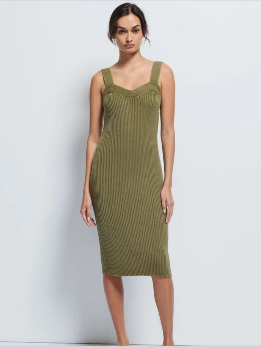 Nation LTD Caresse Olive Ribbed Sweetheart Midi Dress Size M